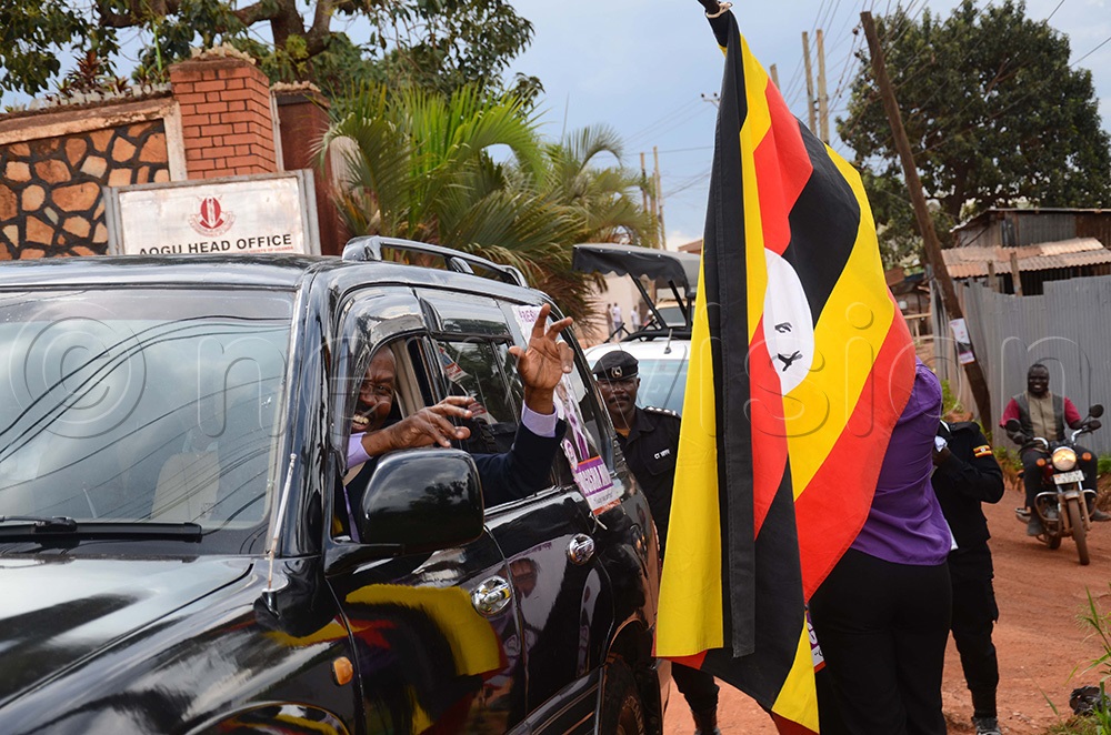 Presidential candidate Maj. Gen. Rtd Gregory Mugisha Muntu of the Alliance of National Transformation (ANT) arriving at the party headquaters in Bukoto after being nominated. (Photo by Isaac Nuwagaba) 