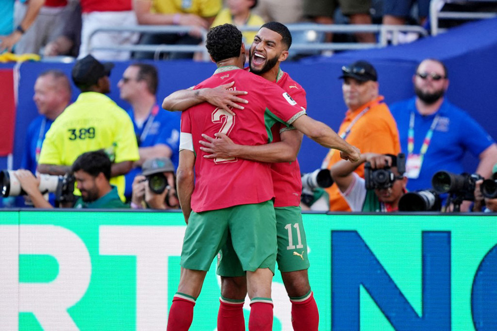 Ismael Saibari of Morocco celebrates his goal 0-1 with Achraf Hakimi during the FIFA World Cup 2026, Group C football match between Brazil and Morocco on 14 June 2026 at MetLife Stadium in East Rutherford, New Jersey, United States. (Photo by Emmanuele Mastrodonato / LiveMedia / DPPI)