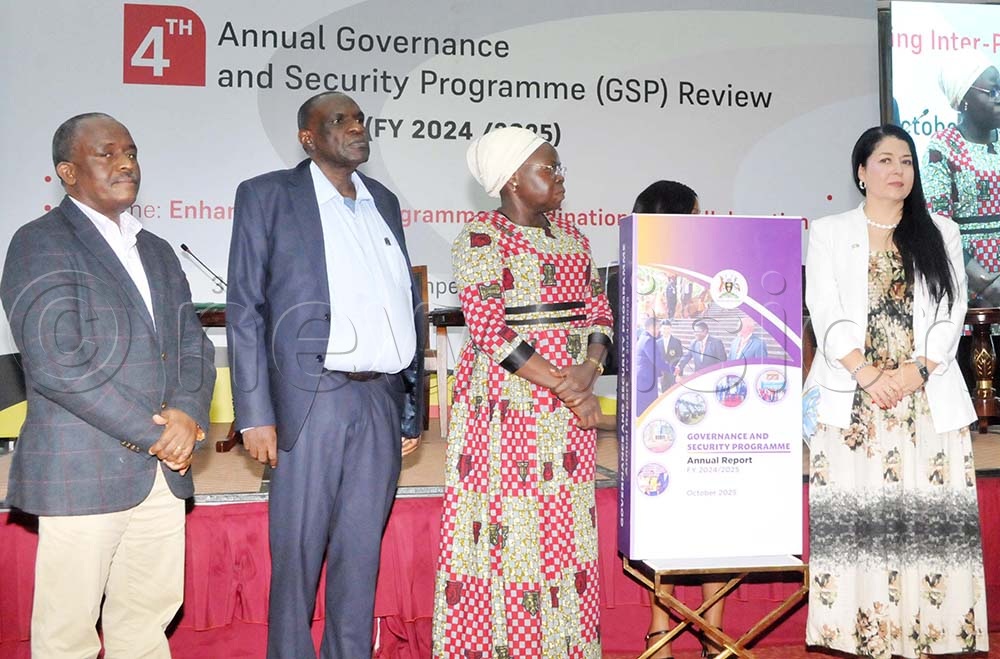 (L-R) Lt. Gen Joseph Musanyufu, the Permanent Secretary Ministry of Internal Affairs with Yunus Kakande, the  secretary Office of the President, Huda Oleru the Minister of State for Defence and Dr Katja Kerschbaumer, the Head of Austrian Embassy Development Cooperation in Uganda at the 4th Annual Governance and Security Programme on October 30, 2025.(Credit: Nicholas Oneal)