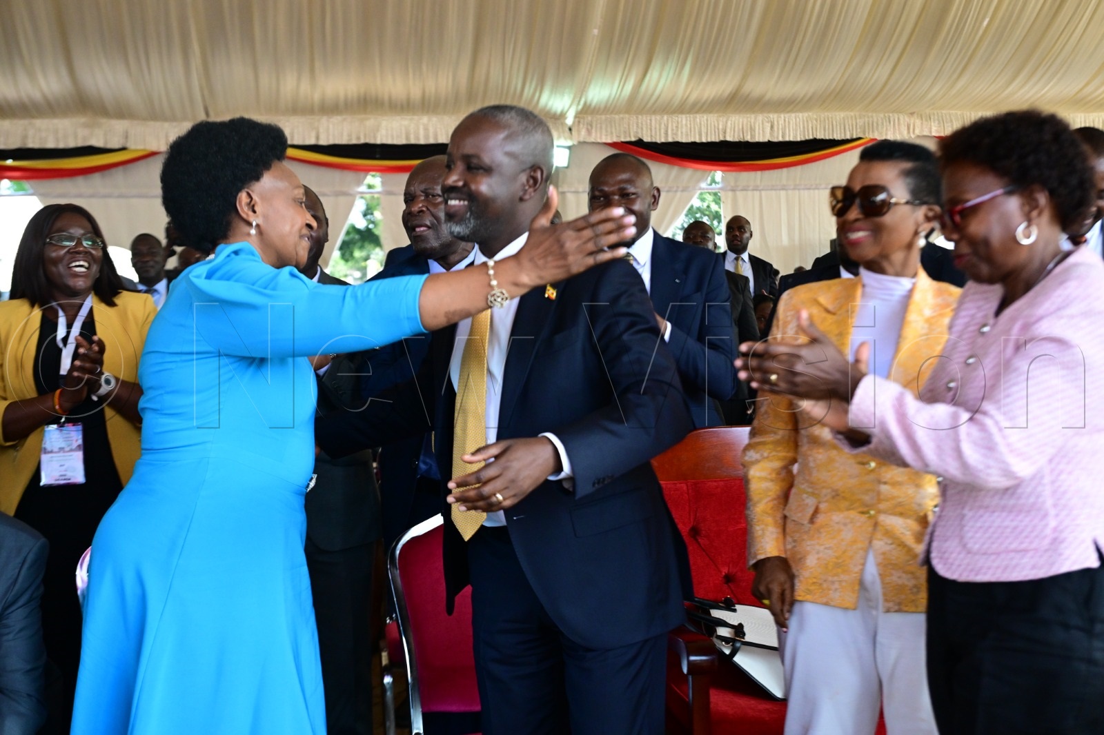Hon. Jacqueline Mbabazi congratulating Thomas Tayebwa, deputy speaker of the 12th parliament. (Credit: Maria Wamala)