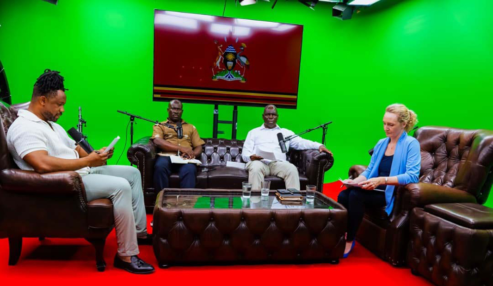 Uganda's Ambassador to Germany, Stephen Mubiru (second right), and Mohammad Bagonza (second left), Head of the Diaspora Unit at State House, joined Laniz Media Studios GmbH CEO Noosh Kevins Lumu (left) for a special podcast discussion in Munich, Germany. (Courtesy photo)