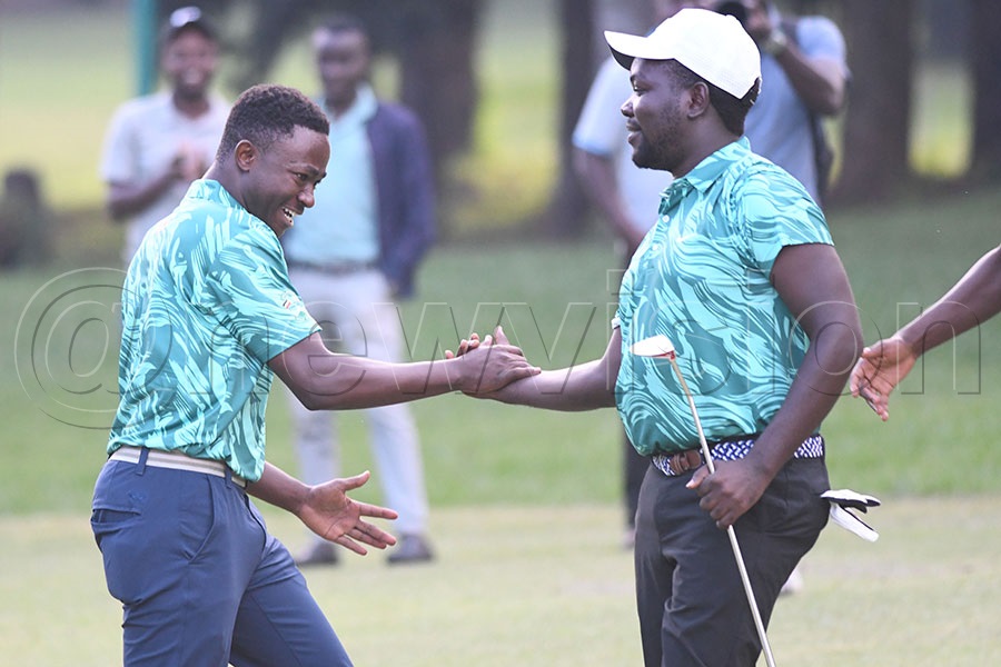 Uganda\s Abdu Kakeeto celebrates one of Uganda's wins in the foursomes with Abdullah Kakooza during the Victoria Cup action at Entebbe Club, March 6, 2026. Photo by Michael Nsubuga