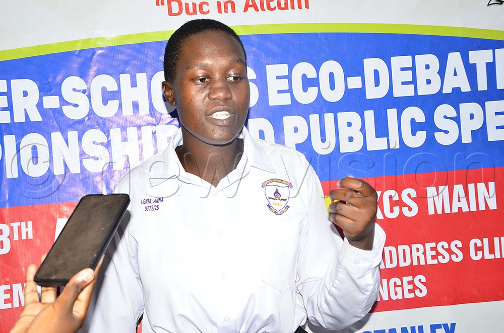 Anna Mary Lenia, a student from Bishops Secondary School Mukono addressing journalists during the Eco-debate school championship about environmental sustainability at Kyambogo College School in Kireka. (Photo by Juliet Kasirye)