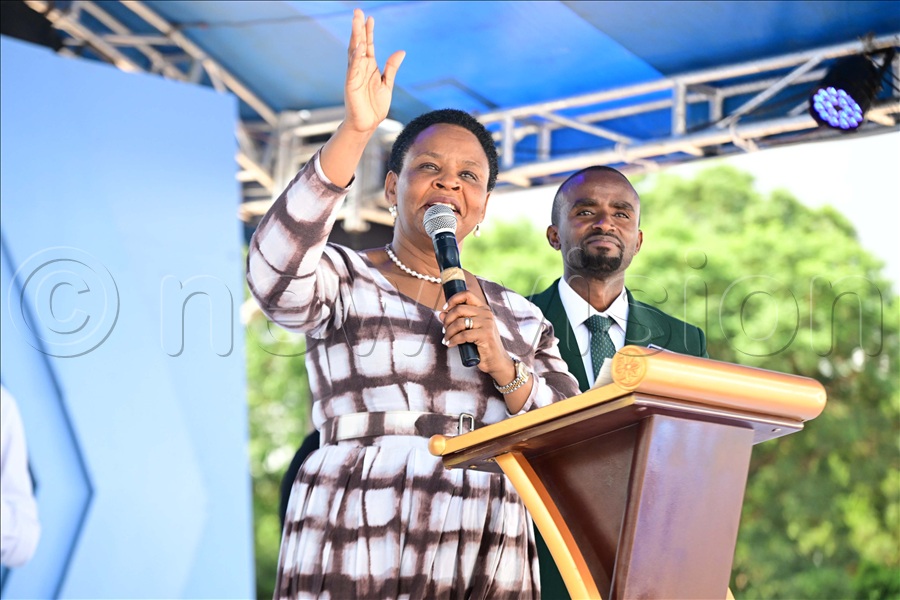  YPA Patron Col. Edith Nakalema delivers her remarks as MD Youth Platform Africa Obed Ben listens. This was at the celebration of 18 years of YPA at Kololo independence Grounds on May 22, 2026.