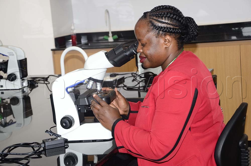 Proscovia Nabatte looking through the microscope during a media tour at Aga Khan university in Nakawa on August 8, 2025. (Credit: Juliet Kasirye)