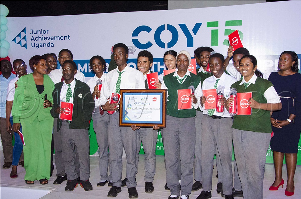 Teenage innovators from Aga Khan High School celebrate after they emerged the winners of the 2025 Junior Achievement (JA) Company of the Year (COY) Competitions held at Motiv in Kampala on Thursday 25 September 2025. (Photo by Colleb Mugume)