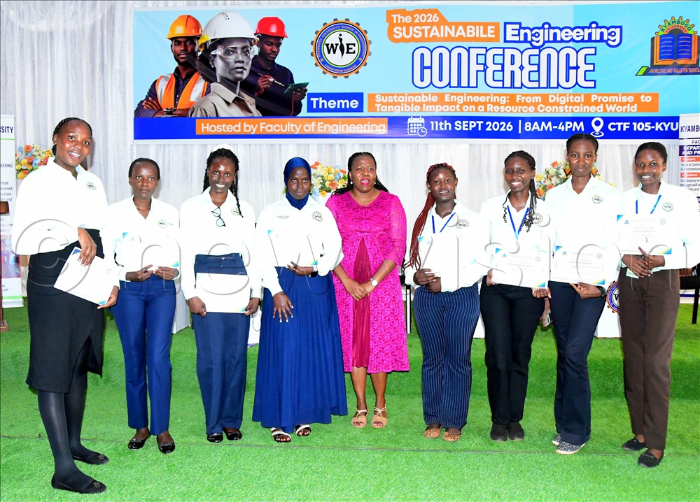 Some of the students at the Women In Engineering conference at Kyambogo University with their parton, Prof Mercy Kisembo, Sept 11 2026.