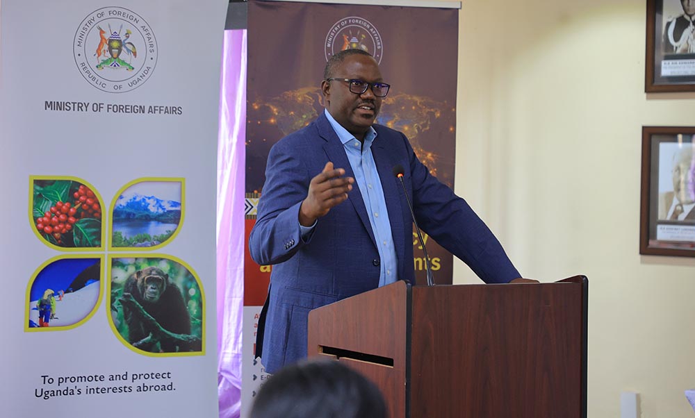 Foreign Affairs Permanent Secretary Vicent Bagiire addressing the women diplomats.