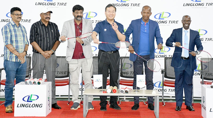 Linglong Tyre president and CEO Feng Wang (3rd right) and Mandela Group Chairman Ahmed Omar Mandela (2nd right) and UBA CEO Simon Mugabi (right) launch the event alongside the other partners at the Mandela Sports Complex.  Photo by Michael Nsubuga