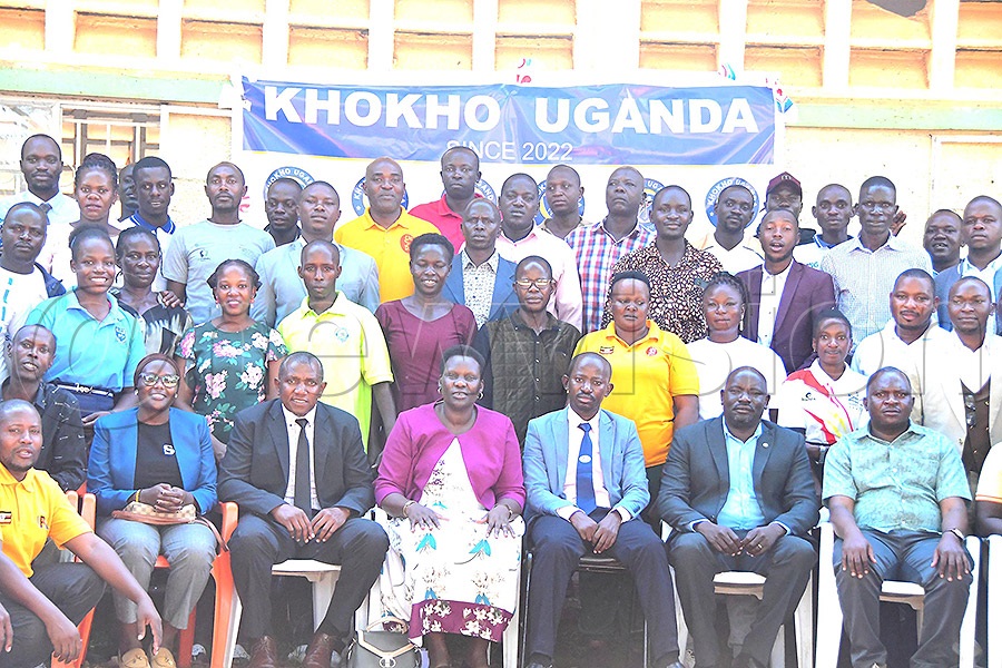 Part of the khokho delegates from various parts of the country pose after the elective general assembly at Kyambogo College School on May 30. Second from the right, seated, is the returning officer at the AGM, Joseph Opio. Photo: Silvano Kibuuka