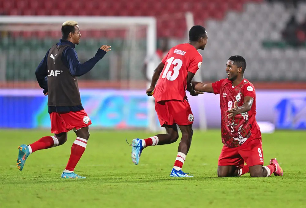 Madagascar players celebrate a goal during the 2024 African Nations Championship, CHAN, football match between Burkina Faso and Madagascar at Amaan Stadium in Zanzibar, Tanzania on 16 August 2025. (Courtesy Photo/CAF)