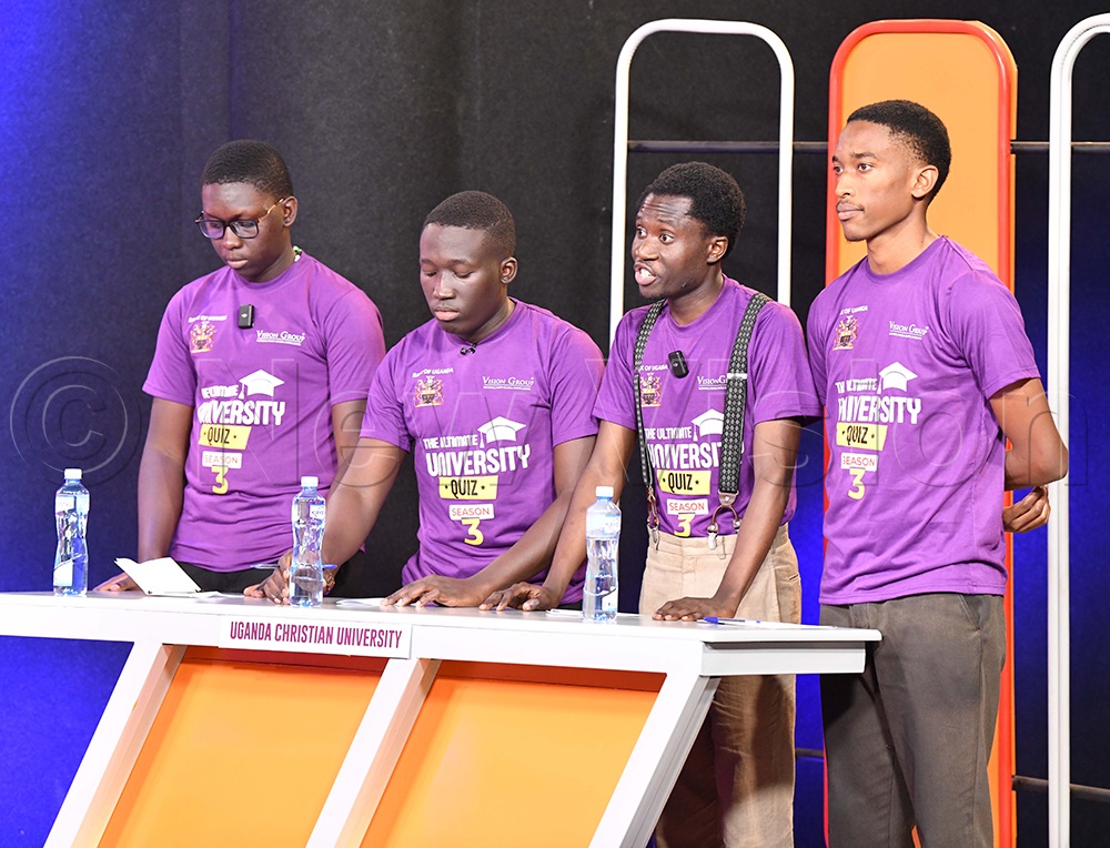 Uganda Christian University (UCU) students responding to questions during the Ultimate University Quiz Season Three semi-final clashes over the weekend. (Photo by Miriam Namutebi)