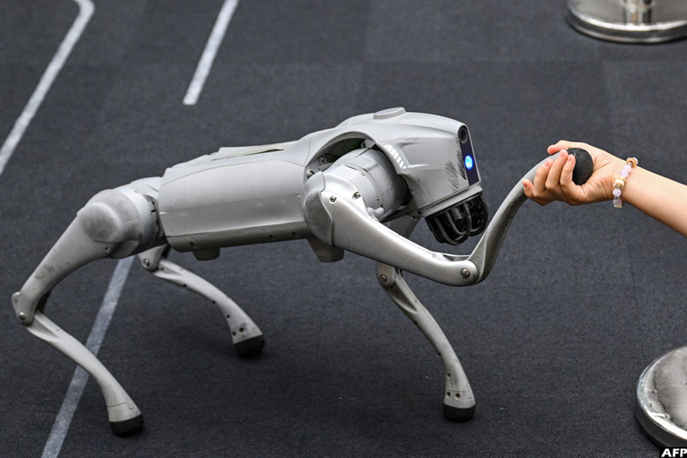A girl holds the hand of a remote-controlled robot by Unitree Robotics in Shanghai. (AFP)