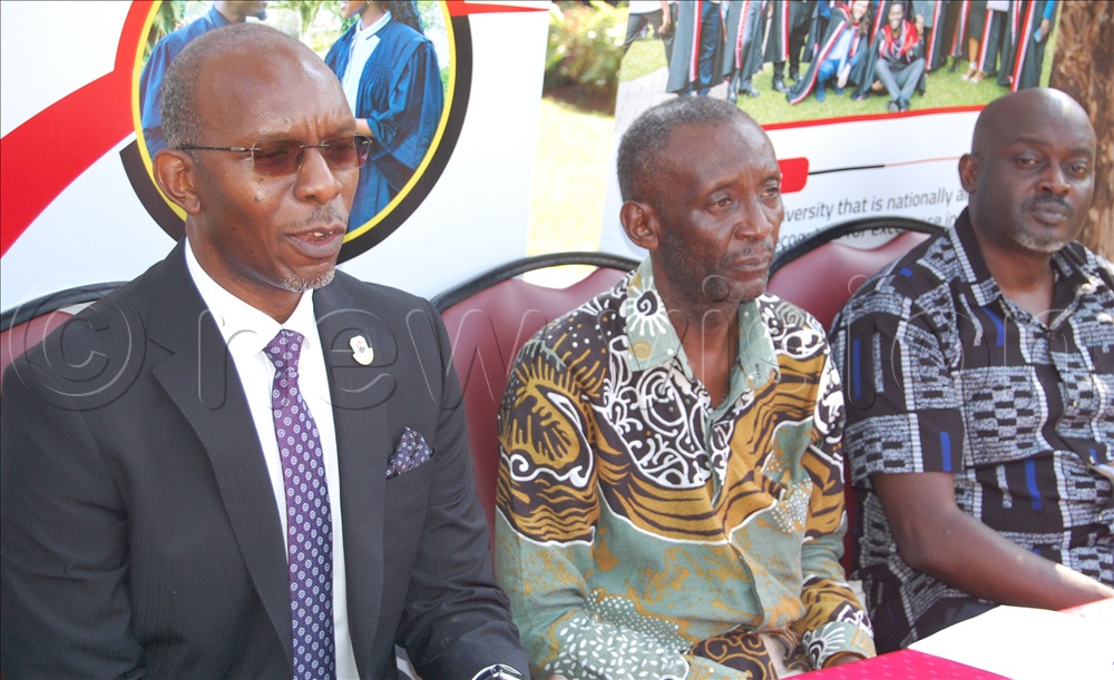 L-R: Prof. Patrick Edrin Kyamanywa, Fr. Peter Celestine Safari and Dr. Fred Kasirye Katongole during the launch of the Uganda Martyrs University (UMU) Karamoja Relief Campaign at Lubaga Campus on Friday, August 21, 2026.