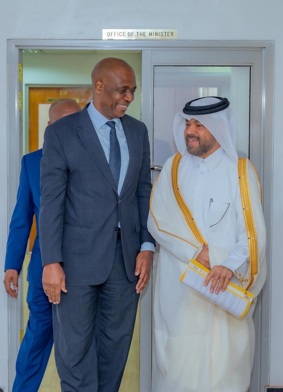 Ambassador-designate Ahmed Mohammed Abdulrahman Abdullah Al Zwaidi being escorted by Chief of Protocol Amb Charles Ssentongo after the event.