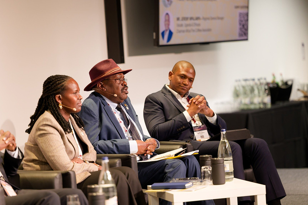 The Permanent Secretary of the Ministry of Agriculture, Animal Industry and Fisheries is Maj. Gen. David Kasura Kyomukama (centre) presenting at the Forum. (Courtesy)