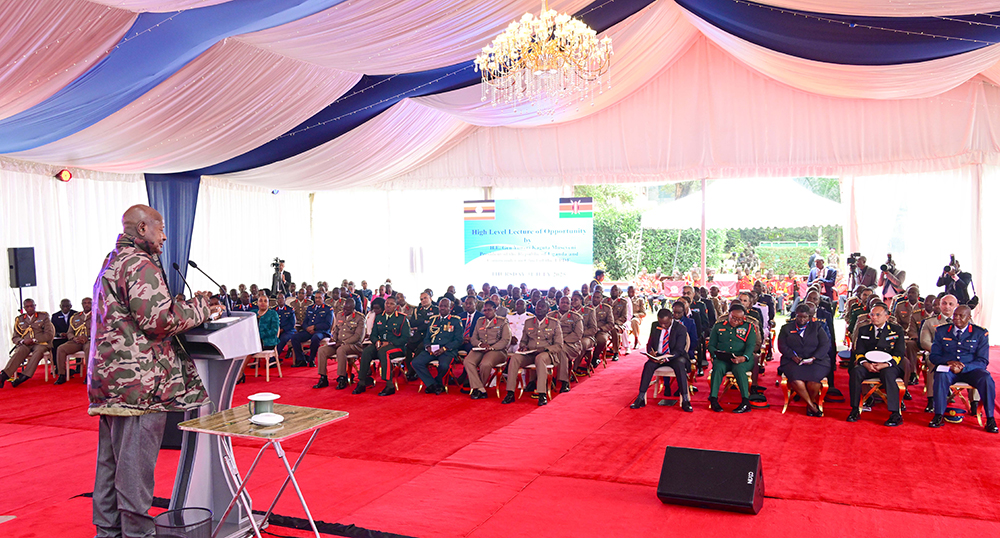 President Museveni giving a lecture of opportunity to officers attending a course at the National Defence College of Kenya in Nairobi on Thursday.