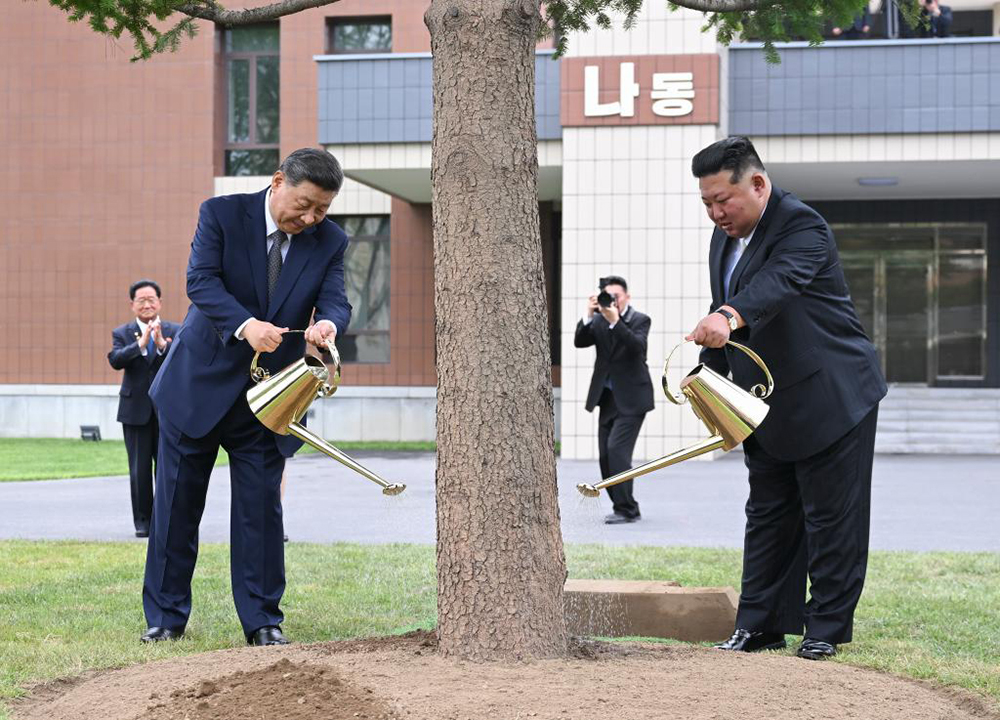 Xi Jinping, general secretary of the Communist Party of China Central Committee and Chinese president, and Kim Jong Un, general secretary of the Workers' Party of Korea (WPK) and president of the State Affairs of the Democratic People's Republic of Korea (DPRK), jointly plant a fir tree in the wooded area between teaching buildings of the Central Cadres Training School of the WPK in Pyongyang, the DPRK, June 9, 2026. (AFP)
