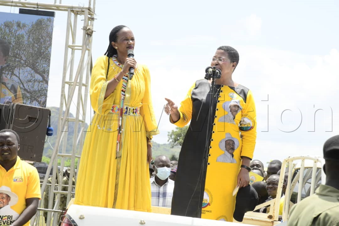 Speaker of Parliament, Anita Among (right) speaking at the campaign rally.