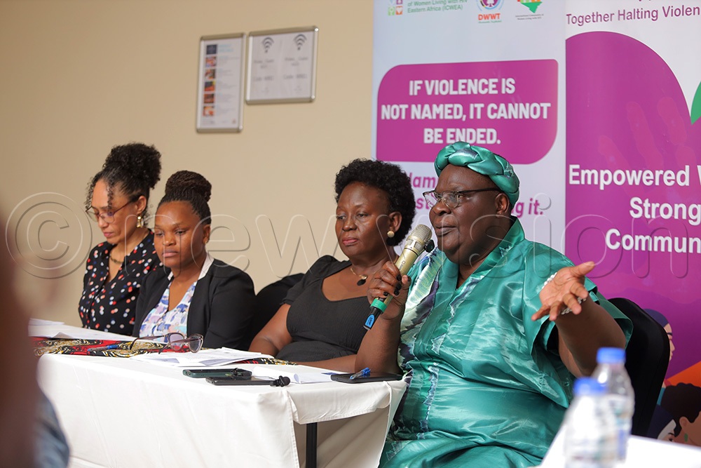 Patricia Asero, board member of ICW-Kenya, speaking during a press briefing at the Thrive Regional Coalition Action Convening at Protea Hotel in Kampala on Wednesday. Looking on are Dorothy Namutamba, Deputy Director at ICWEA-Uganda; Violeth Edwin, Thrive Project Coordinator, Dignity and Wellness for Women living with HIV in Tanzania; and Christina Makumi, Executive Director of ICW-Kenya. (Photo by Hope Mafaranga)