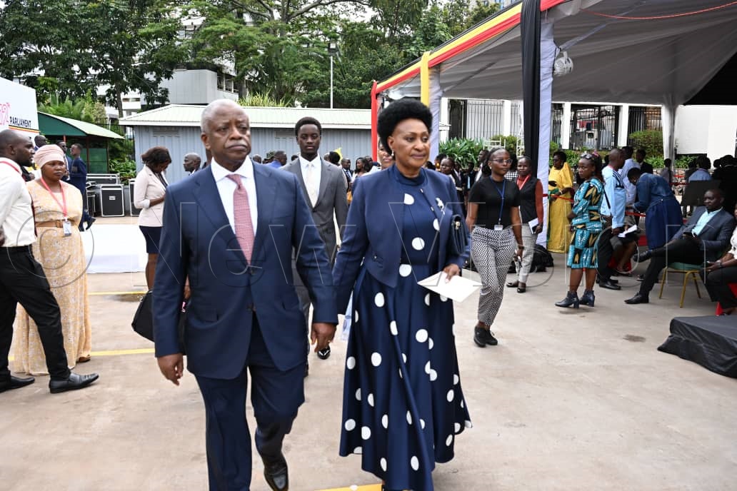 Jacqueline Mbabazi accompanied by husband and former Uganda premier Amama Mbabazi, present for the swearing-in ceremony in the 12th Parliament of Uganda as Member of Parliament representing Older Persons in the Western Region. (Photo by Ponsiano Nsimbi)