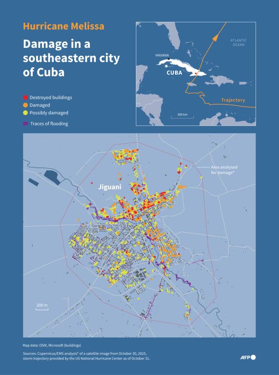 Infographic with a map showing the damage caused by Hurricane Melissa in the city of Jiguani, near Santiago de Cuba, in southeastern Cuba, according to an analysis by the Copernicus EMS service based on a satellite image from October 30, 2025. (AFP)