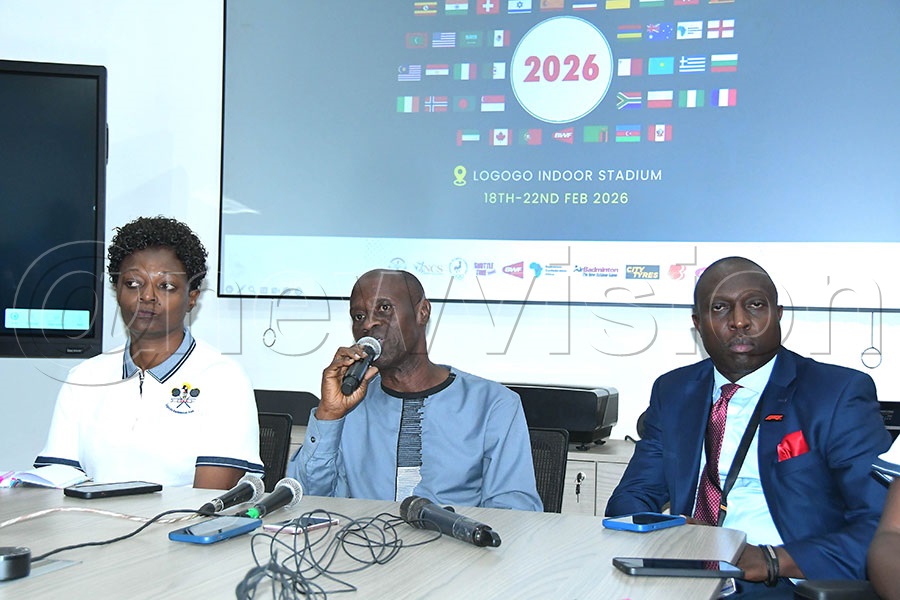 Uganda Badminton Association (UBA) CEO Simon Mugabi (center), City Tyres Marketing Manager Herbert Bashasha (right), and tournament referee Harriet Nattabi (left) at the launch of the 2026 Uganda International Badminton Tournament on February 17, 2026, at the City Tyres head office in the Industrial Area. Photo: Silvano Kibuuka