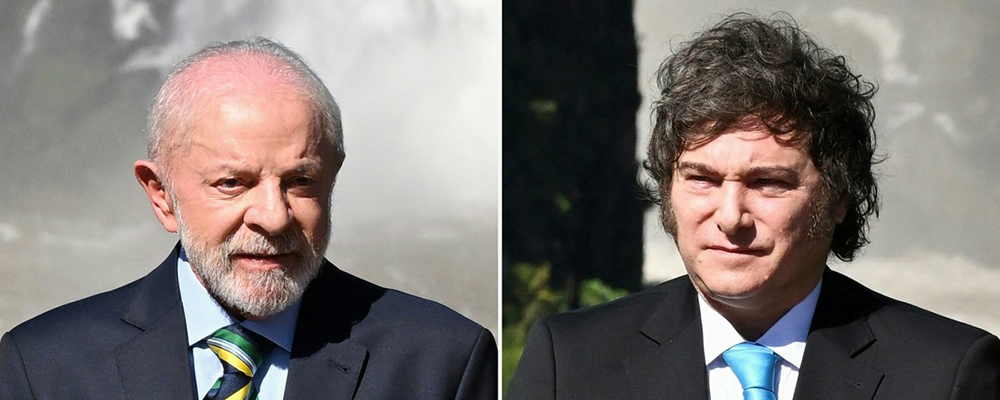 (COMBO) This combination of pictures created on December 20, 2025 shows Brazil's President Luiz Inacio Lula da Silva and Argentina's President Javier Milei. (AFP)