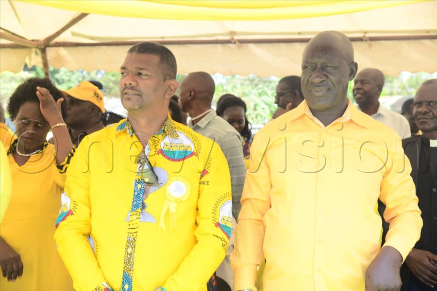 Kampala central mayor Salim Uhuru (L) is among the NRM bigwigs who grace the rally at BKC Demo Primary School grounds in Ngora district on Tuesday. (All Photos by Eddie Ssejjoba)