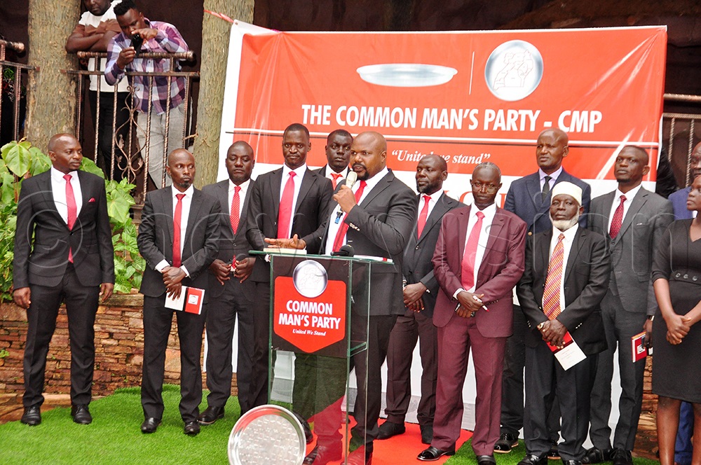 The Common Man's Party (CMP) party president, Mubarak Munyagwa addressing the party supporters shortly after the swearing in ceremony at Jacaranda Gardens in Rubaga division. (Photo by Isaac Nuwagaba)