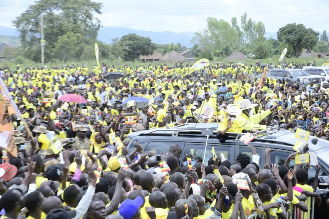 President Museveni and First Lady and minister of Education and Sports, Maama Janet Museveni, arrive for the rally.