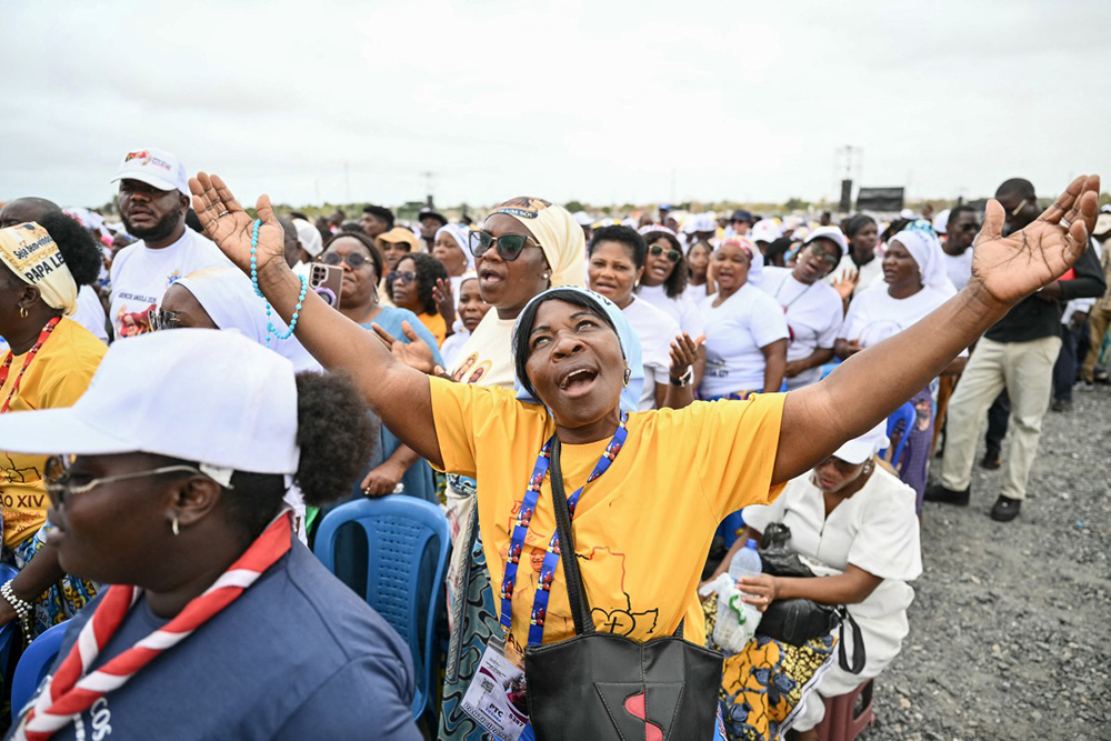 Faithfuls gather ahead of the arrival of Pope Leo XIV to lead a Holy Mass in Kalimba on the seventh day of an 11-day apostolic journey to Africa, on April 19, 2026. 