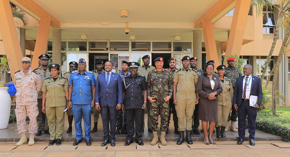 Uganda Police Force senior team in a group photo with officers of the Eastern Africa Standby Force (EASF) at a meeting hosted at Naguru headquarters. (Credit: Police)