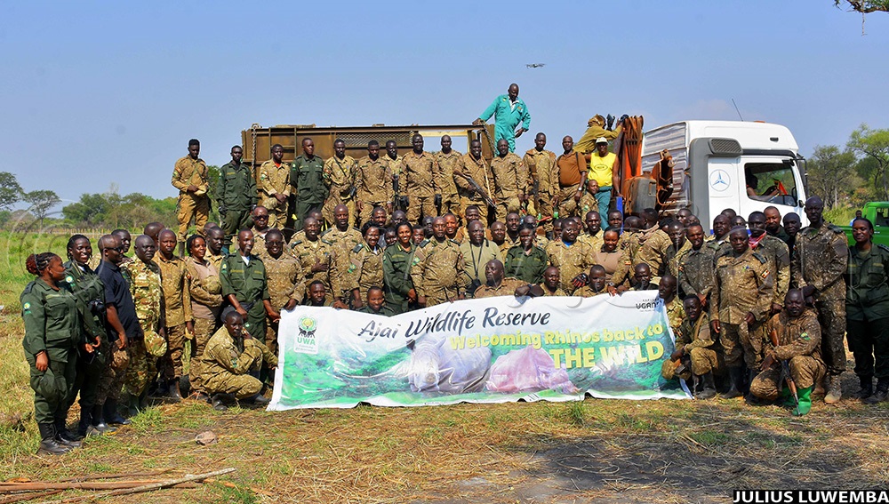The team of staff for Uganda Wildlife Authority that pioneered the translocation of rhinos from Ziwa sanctuary to Ajai Wildlife reserve.(Photo by Julius Luwemba)