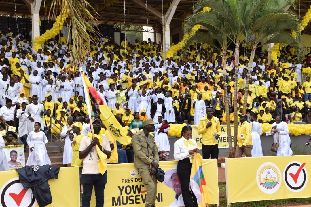 NRM supporters at Kololo independence grounds on Tuesday, Sept. 23, 2025. (Credit: Simon Peter Tumwine)