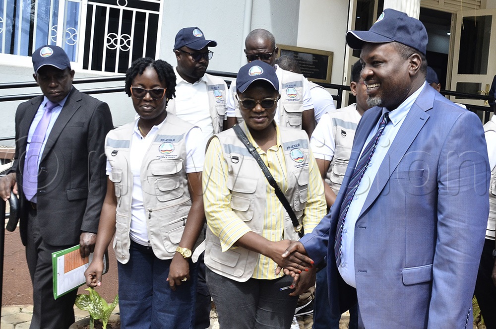 The leader of the Forum of Parliaments of the International Conference on the Great Lakes Region, Moses Frank Moyo (right) being receive by members of the forum before the official launch of 2026 Uganda election observation mission on 9th January 2026 at Munyonyo. (Photo by Ronnie Kijjambu)
