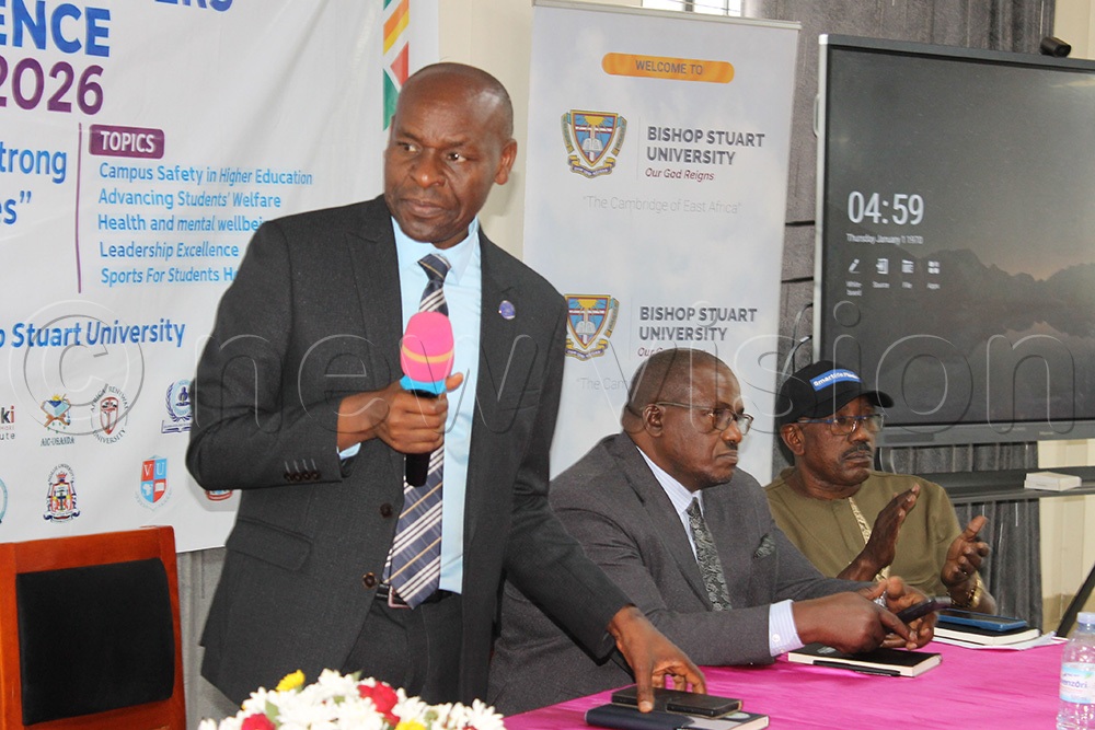 Prof. John Mugisha, Vice Chancellor, Bishop Stuart University, addressing the 10th Annual Deans of Students and 18th Guild Leaders Conference held at Bishop Stuart University in Mbarara City. (Photo by Abdulkarim Ssengendo)