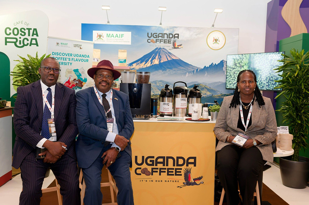 Permanent Secretary, Ministry of Foreign Affairs, Vincent Bagiire (left), Maj. Gen. David Kasura of the Ministry of Agriculture, Animal Industry and Fisheries, and Minister of State for Agriculture, Animal Industry and Fisheries, Desire Muhooza, during the 17th Swiss Coffee Trade Association (SCTA) Forum in Switzerland. (Courtesy)