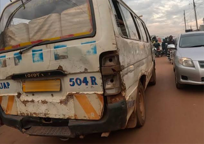 A commuter taxi in a dangerous mechanical condition on the roads of Kampala city. (Courtesy photo)