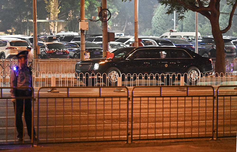 US President Donald Trump's motorcade arrives at the Four Seasons Hotel in Beijing on May 13, 2026. (AFP)