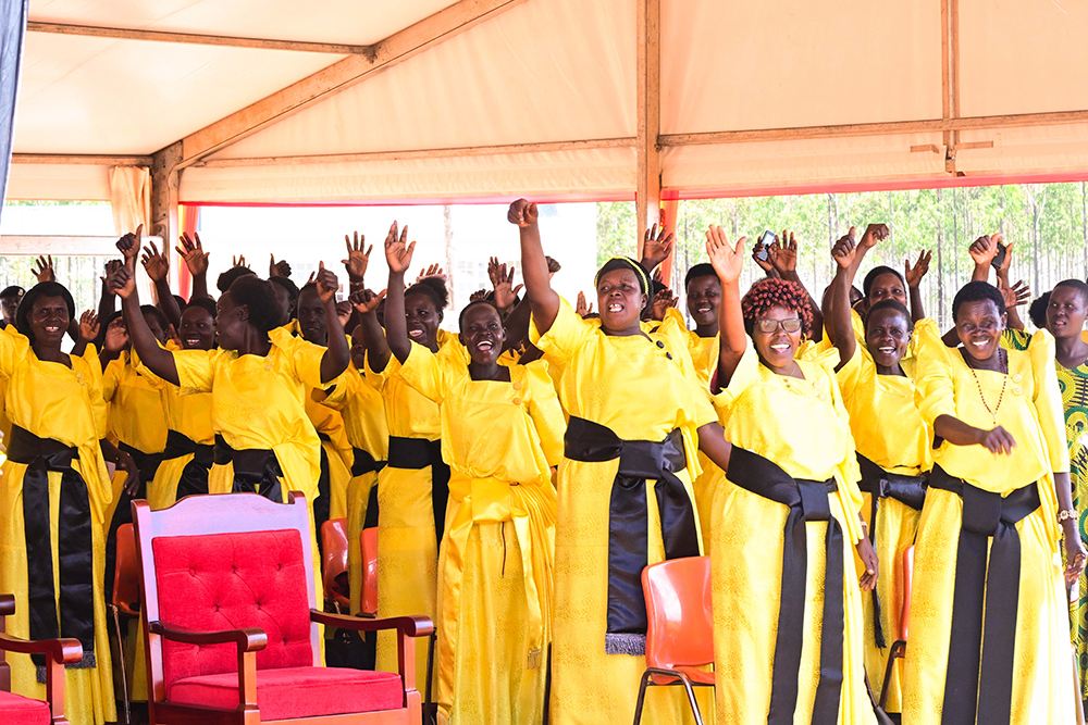 Some of the beneficiaries of Acomai irrigation scheme in Bukedea district express their excitement during the commissioning of the facility by President Museveni on Wednesday. (PPU Photo)
