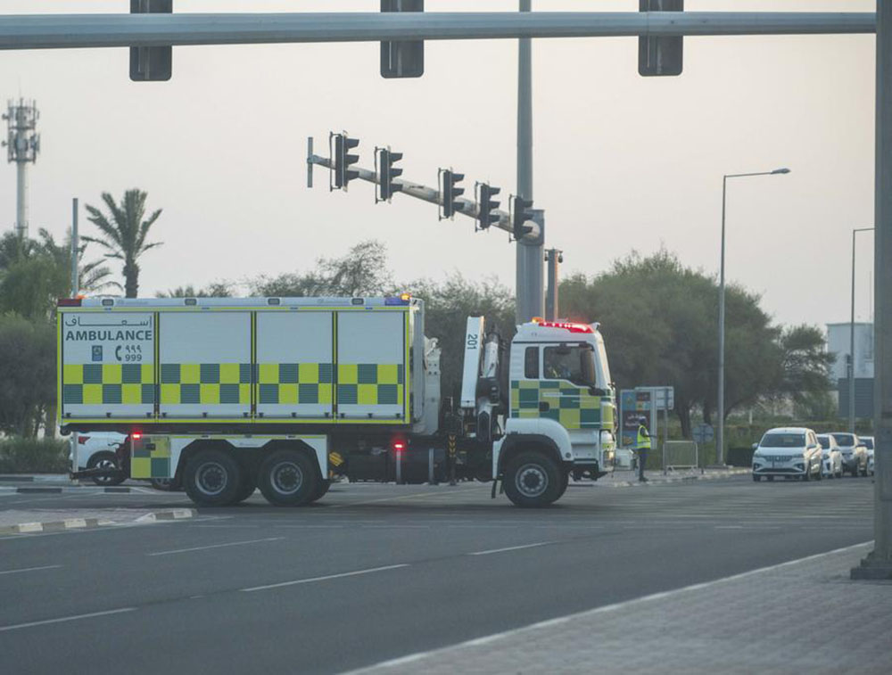 An ambulance is seen near the site of an Israeli airstrike in Doha, Qatar, September 9, 2025. (Xinhua Photo)