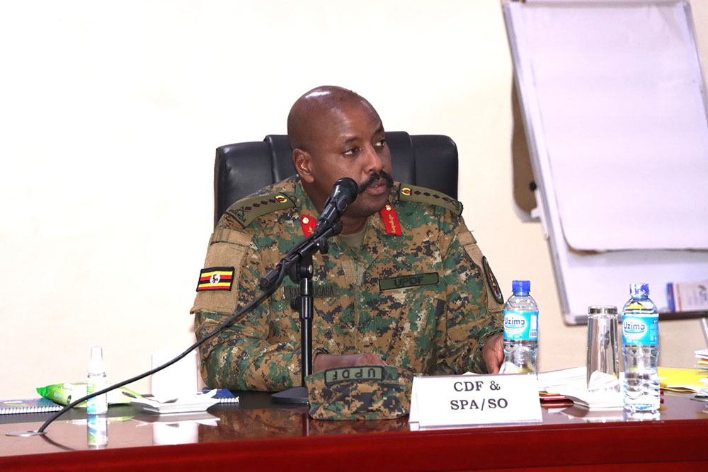 Chief of Defence Forces Gen Muhoozi Kainerugaba giving guidance and a way forward during the strategic planning retreat. (Courtesy photo)