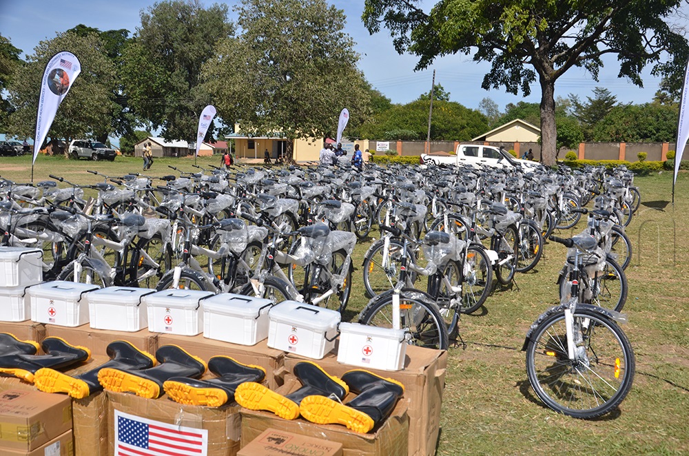 Bufallo bicycles and other equipment displayed that were given to CHEWs in Omoro district. (Photo by Jackson Kitara)