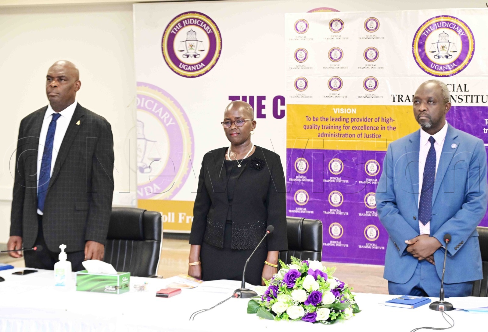 L-R: Supreme Court judge Mike Chibita, Principal Judge Jane Frances Abodo and Prof.&nbsp;Andrew Khauka, executive director of the Judicial Training Institute. (Credit: Mpalanyi Ssentongo)