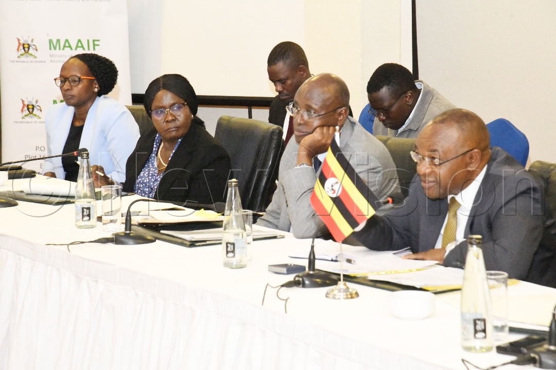 Left to right: Hon. Shartsi Kutesa Musherure, Amb. Elizabeth Paula Napayok, Uganda's Ambassador to Rome and Permanent Representative to FAO, IFAD &WFP, Hon. Bright Rwamirama, Minister of State for Animal Industry and Hon. Raphael Maguezi, Minister for Local Government (representing the Prime Minister Robinah Nabbanja), during the meeting. (Credit: Mpalanyi Ssentongo)
