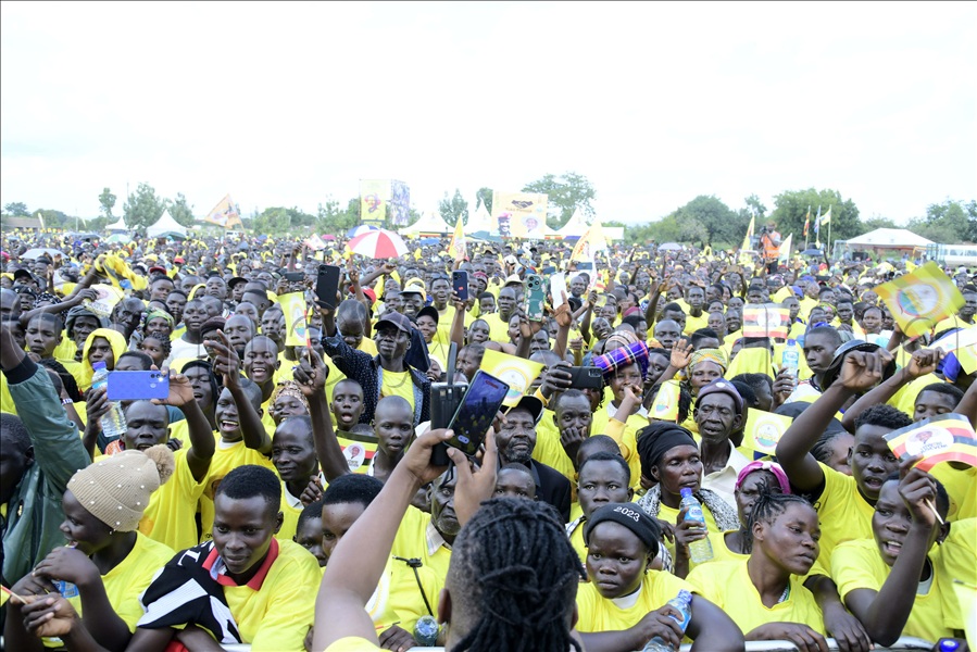 NRM supporters cheering the President as he arrived at the rally venue.