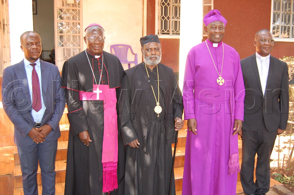 (L-R) UJCC Legal Advisor Counsel Fredrick Ssemwanga, Bishop Joseph Antony Zziwa, Metropolitan Jeronymos Muzeeyi, Archbishop Stephen Samuel Kaziimba Mugalu and Fr. Daniel Musiitwa sharing a photo moment after the extra-ordinary meeting in which Muzeeyi was elected and inaugrated as the new Chairman of UJCC. The function took place at the organisation's Secretariat at Nsambya, in Makindye Division on Wednesday, August 26, 2026. (Credit: Mathias Mazinga)