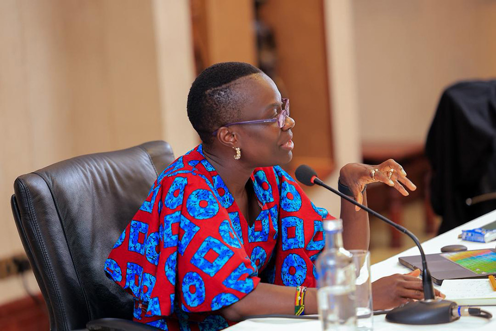 Dr Brenda Akia, Chairperson of the African Group on the United Nations Committee on the Elimination of Discrimination Against Women (CEDAW), speaking during the Judicial Service Conversation hosted by Elison Karuhanga. (Courtesy photo)