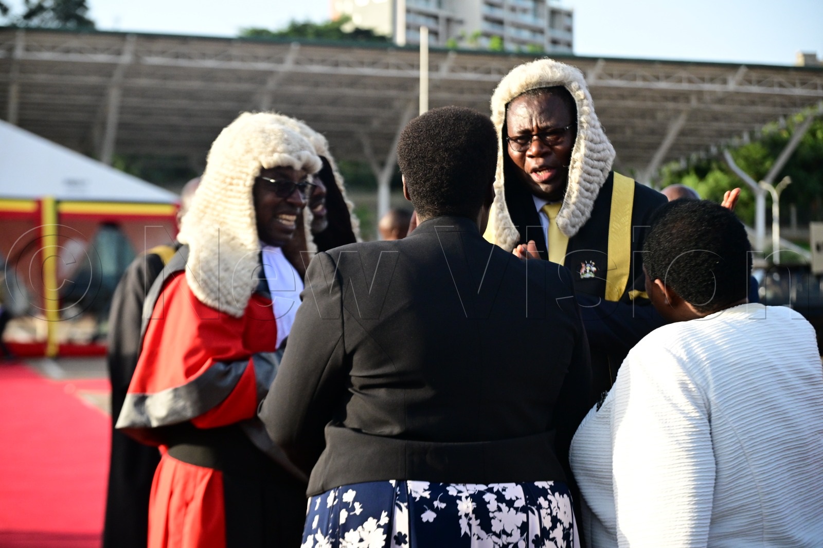 Chief Justice Flavian Zeija, Speaker of Parliament greeting Vice President Jessica Alupo. (Credit: Maria Wamala)